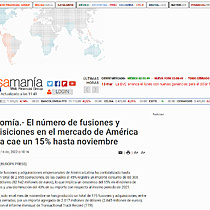 Economa.- El nmero de fusiones y adquisiciones en el mercado de Amrica Latina cae un 15% hasta noviembre